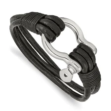 Stainless Steel & Black Leather Shackle Multi Strand Bracelet, 8.5 In