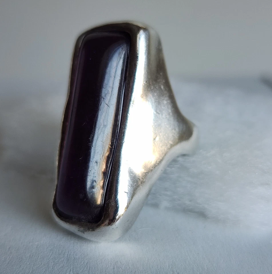 Bold Sterling Silver Statement Ring w/ Purple Cabochon Size 6.5 12.7g Marked GA - Image 2 of 4