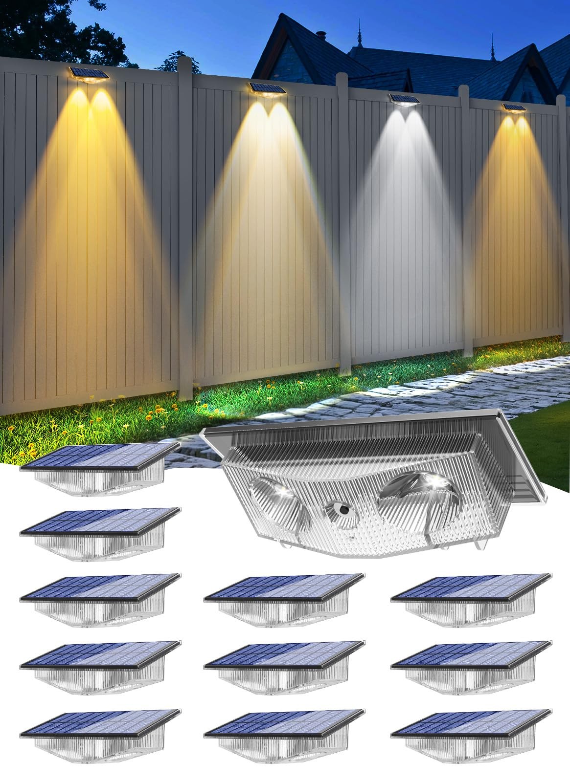 Solar Fence Lights Outdoor - 3000K/4000K/6000K 3 Color Modes, IP65 Waterproof...