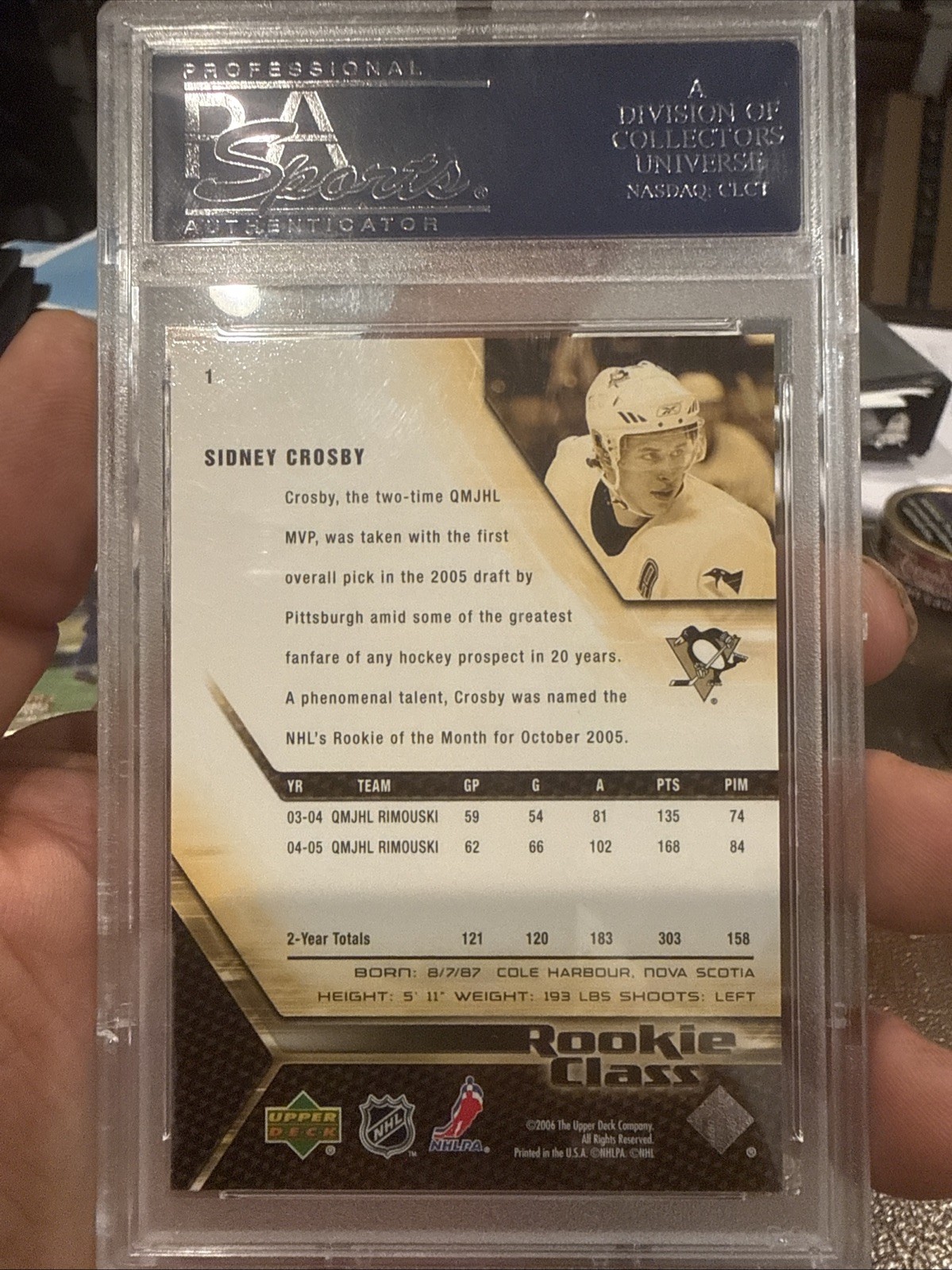 2005 Upper Deck Rookie Class #1 Sidney Crosby RC MINT PSA 10 view 2