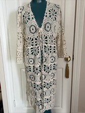 Boho Crochet Creamy Ivory Kimono Cardigan Open Front One Size Cover Up Hippie