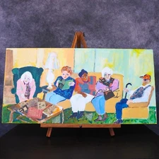 Vintage Original Oil Mixed Media Old Folks Colorful Primitive Style Art Painting