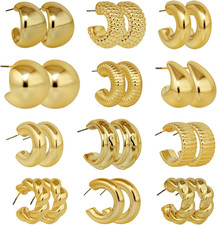 12 Pairs Chunky Gold Hoop Earrings for Women Trendy Chunky Chain Twisted Open Ho