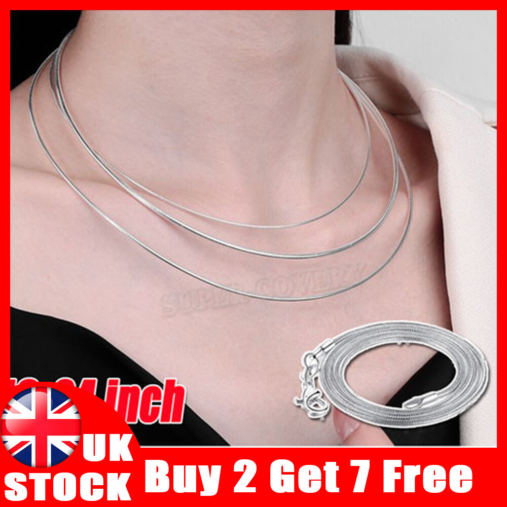 925 Sterling Silver Stamp Shiny Snake Chain Necklace for Women