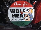 VINTAGE PORCELAIN 1948 WOLFS HEAD OIL AND LUBES DISPLAY SIGN Harley Ford Xmas