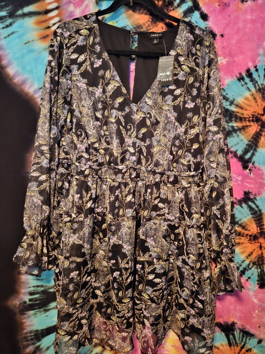 Torrid Mini Chiffon Tiered Dress Black Floral w/Gold Threads Sz