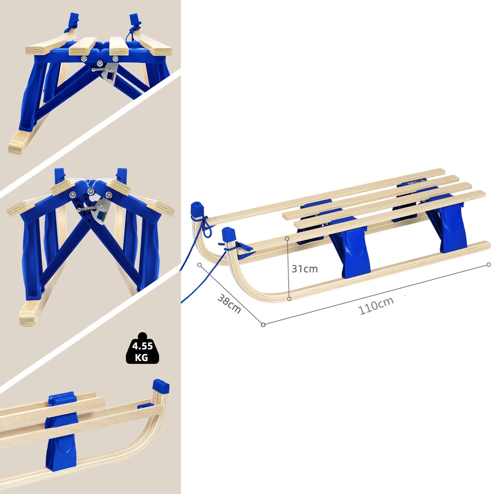 Holzschlitten Schlitten 110cm faltbar Kinderschlitten Rodelschlitten mit Zugseil - Bild 3 von 4