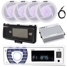 Single DIN Marine USB Radio w/ 4x 4" Speakers, Cover, Bluetooth Amp, Antenna