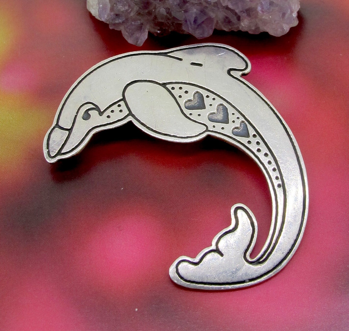 EFS Sterling Silver Solid Dolphin With Hearts Bro… - image 1
