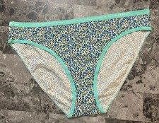 VICTORIA'S SECRET XL AQUA TEAL BLUE YELLOW LEOPARD LOGO BAND RARE BIKINI PANTIES