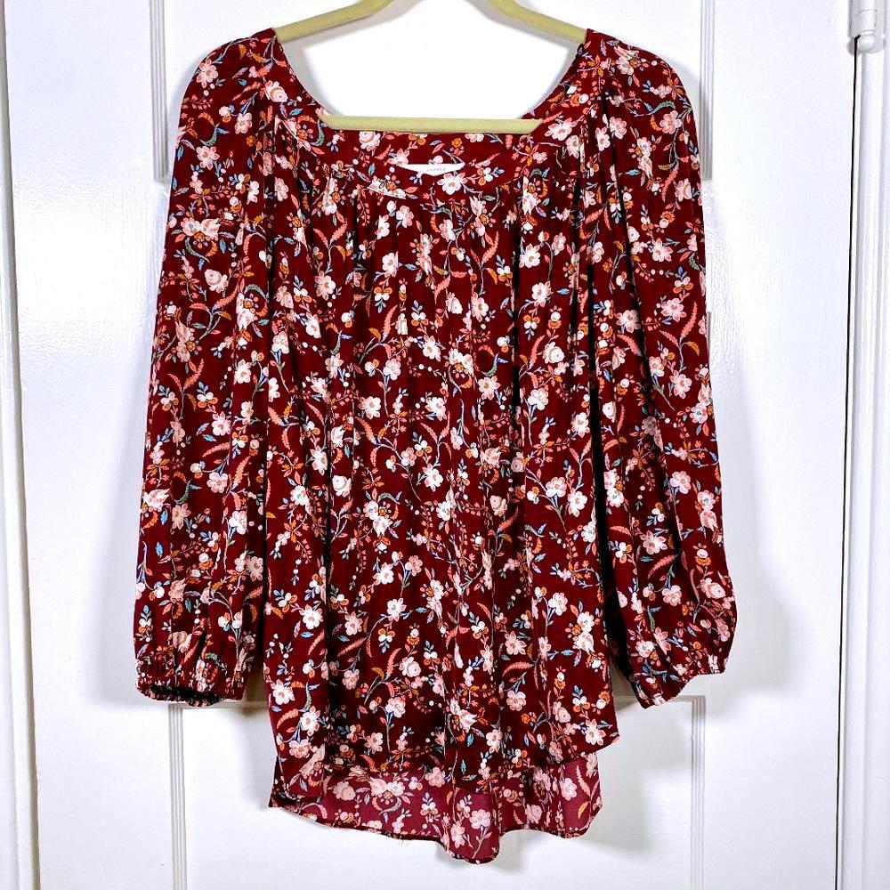 Lauren Conrad Square Neck Peasant Blouse Womens Large Boho Floral Cottagecore