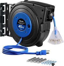 Retractable Extension Cord Reel, 45 FT Heavy Duty Power Cord, 12AWG/3C SJTOW, 3