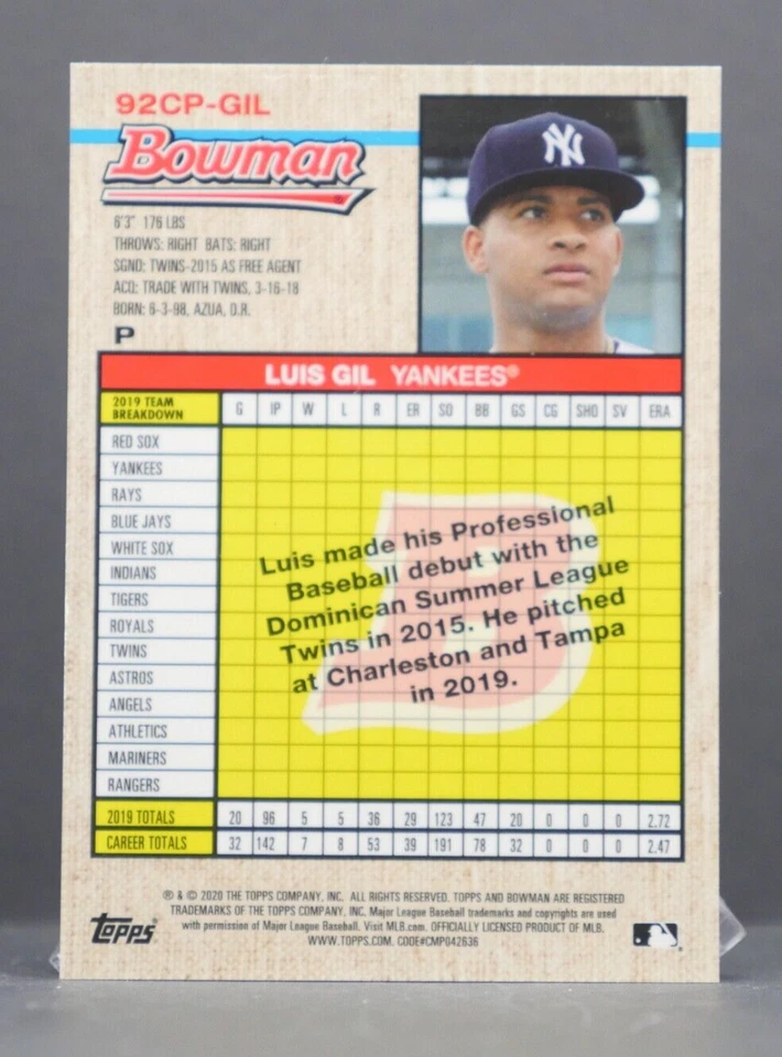 2020 Bowman Heritage LUIS GIL RC Red Refractor 4/5 #92CP-GIL New York Yankees - Image 2 of 2