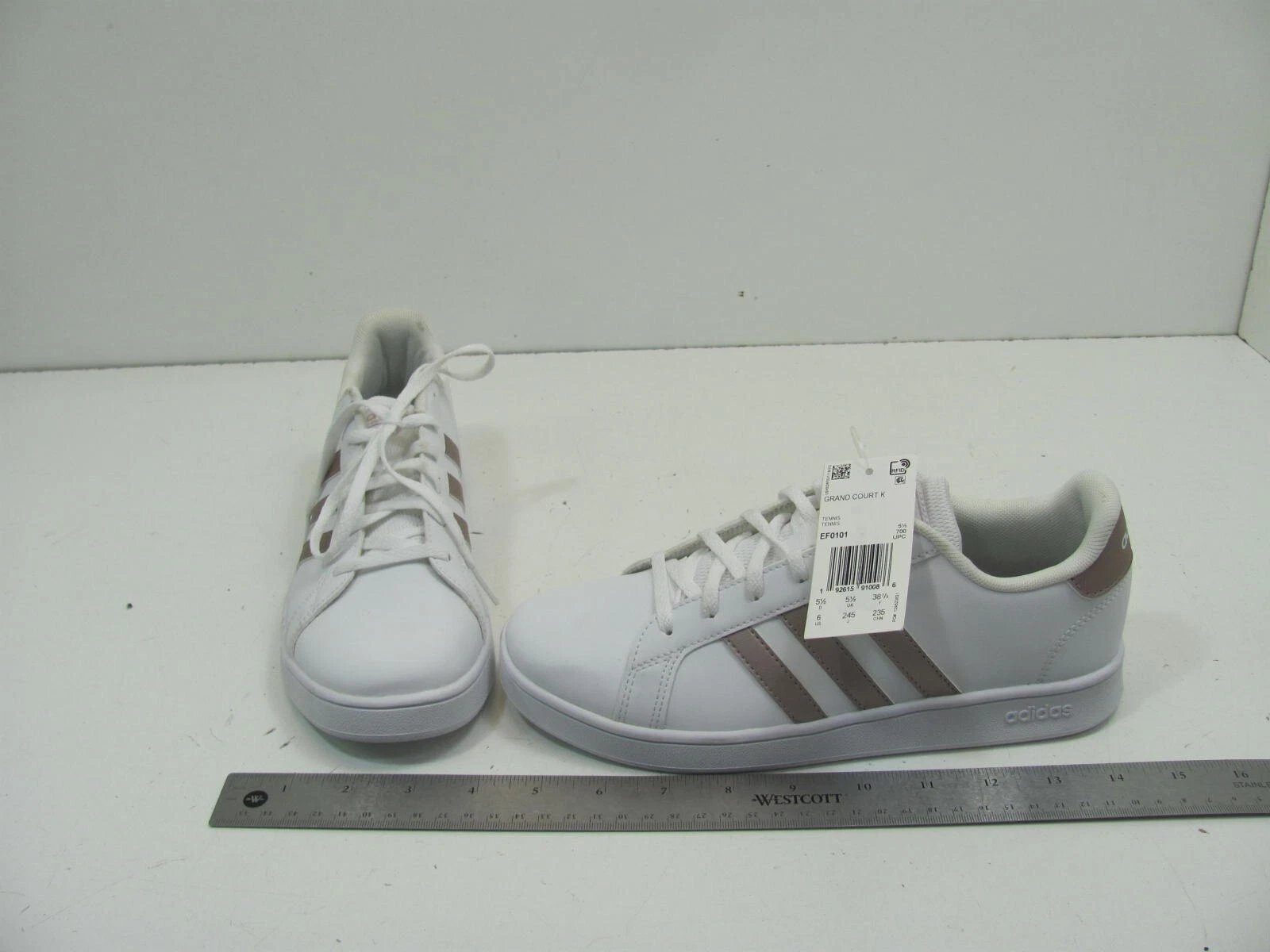 Scarpe da tennis Adidas ragazze donna Grand Court K bianche e oro granito a righe taglia 6