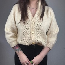 Vintage Wool Cottagecore Grandmacore Cream Cable Knit V Button Front Cardigan
