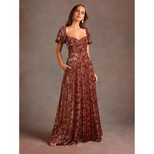 Azazie Floral Velvet Sheer Maxi Gown w/ Puff Sleeves Alba Rosewood Size 6
