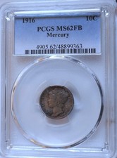 1916 . Mercury Dime . PCGS MS62FB . Choice BU . Full Bands . Crusty Original
