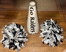 Vintage High School Cheerleader Megaphone White Black Pom Poms Go Raiders