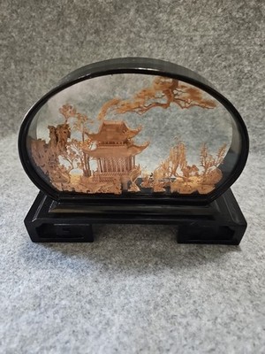 Vintage 6.5''  Arched Oriental Hand Carved Cork Art Diorama Pagoda. Crane, Trees 