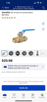 Shark bite 1/2 inch push to connect brass ball valve