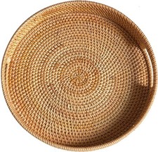 30 cm Round Rattan Tray, Hand Woven Serving Tray with Handles, Wicker Serving