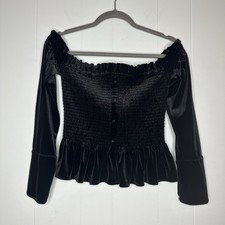 Whimsigoth Regency Victorian Off Shoulder Blaine Smocked Black Velvet Blouse L