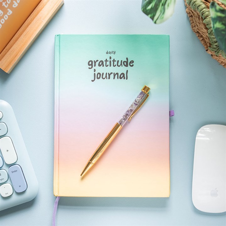Multicoloured Gratitude Journal Notebook with Amethyst Pen. Stationery Lovers