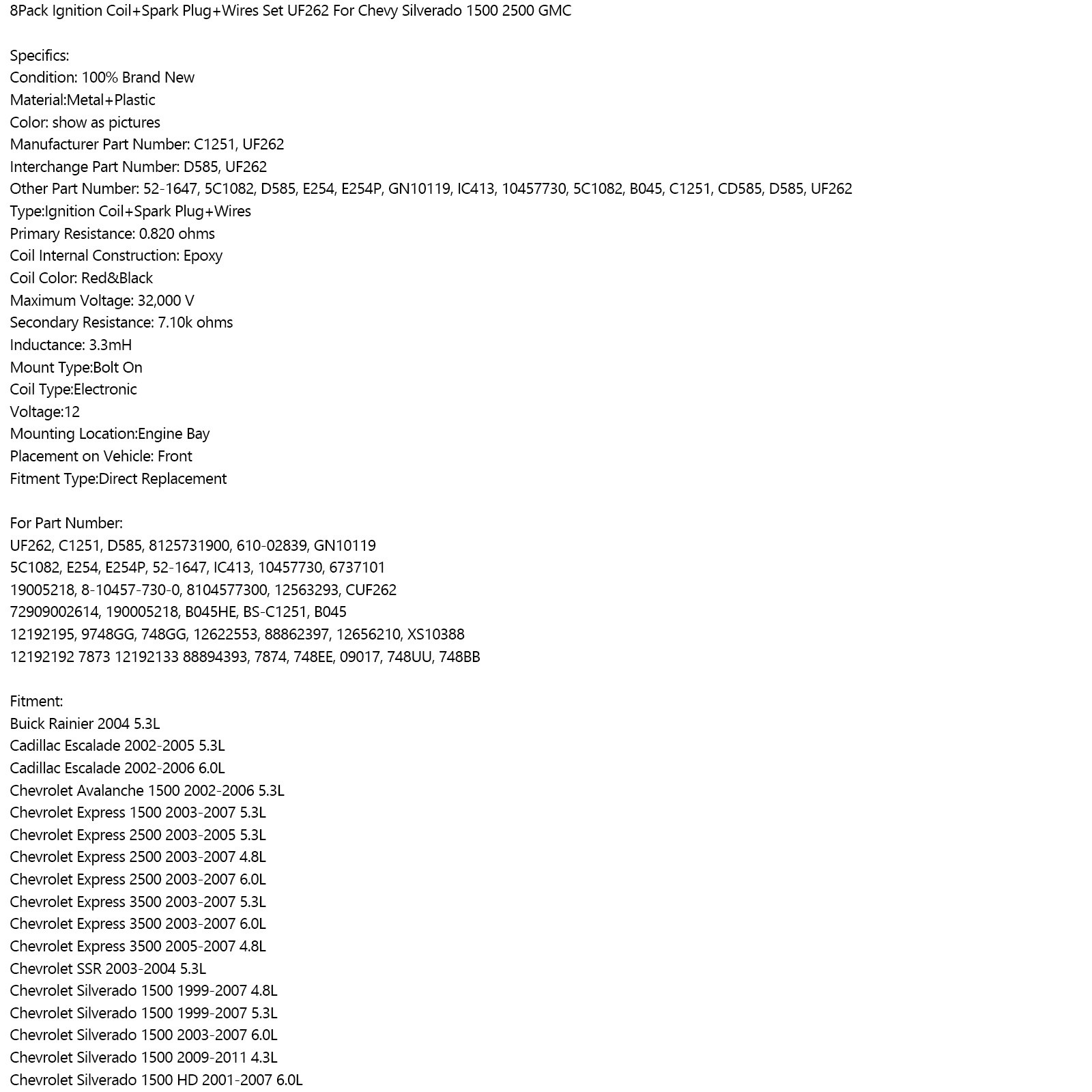 8Pack Ignition Coil+Spark Plug+Wires Set UF262 For Chevy Silverado 1500 2500 GMC