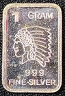 1 Gram .999 Fine Silver Art Bar Ingot. Indian Chief. Fun Way Dip Into Investing.