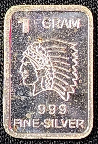 1 Gram .999 Fine Silver Art Bar Ingot. Indian Chief. Fun Way Dip Into Investing.