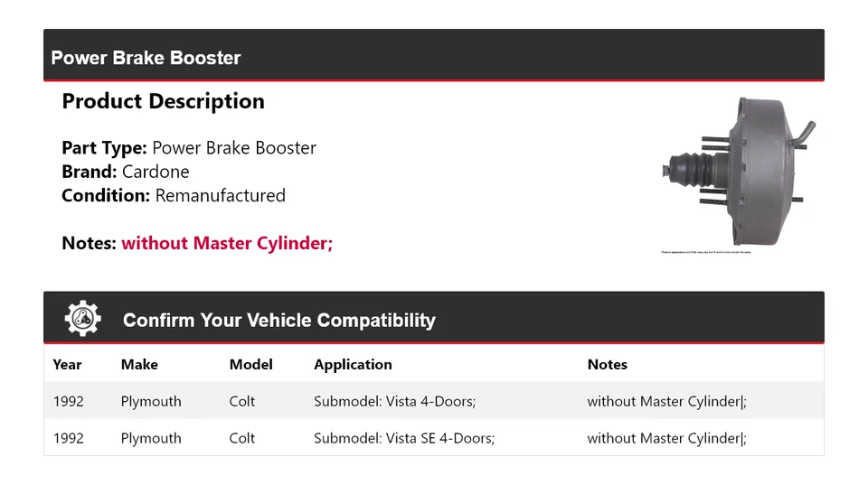 Cardón de refuerzo de freno eléctrico Plymouth Colt 1992 Foto 2 de 4