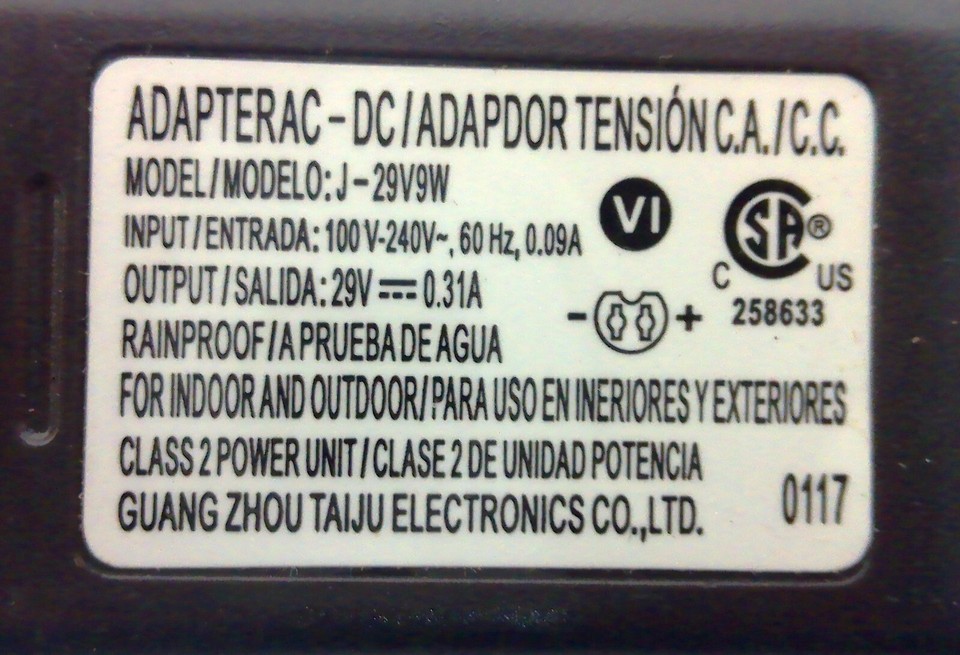 Transformer DC Adapter AC/DC Model J-29V9W 120v Input, 29v DC 0.31A ...