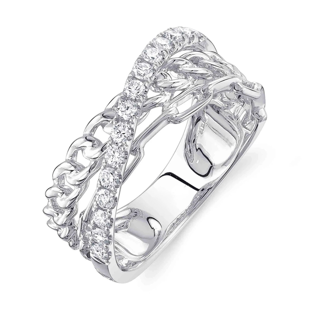 14K White Gold Diamond Bridge Link X Ring Crossover Natural Round
