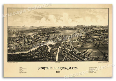 1887 North Billerica Massachusetts Vintage Old Panoramic City Map - 24x36