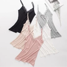 Women Silk V Neck Camisole Tank Top Knit Silk Lace Shirt Sleeveless Tank Blouse