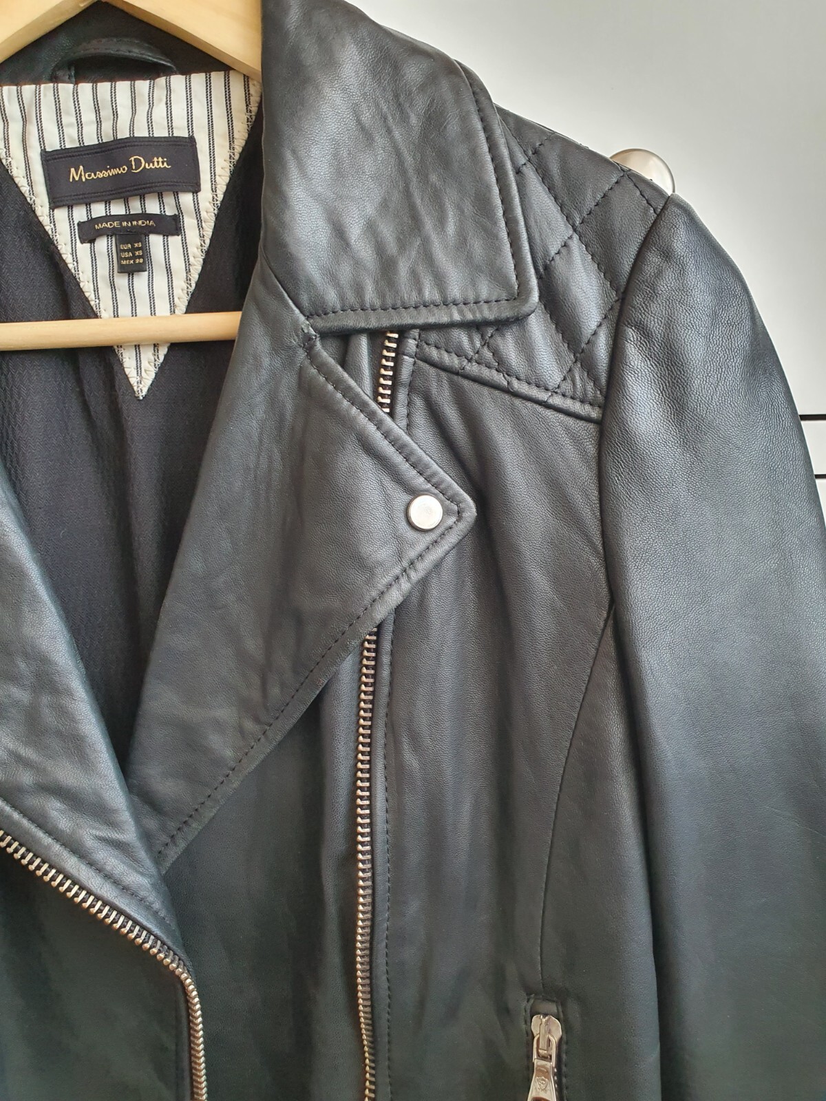 Massimo Dutti Biker Leather Jacket Black Size XS RRP £229 image 4