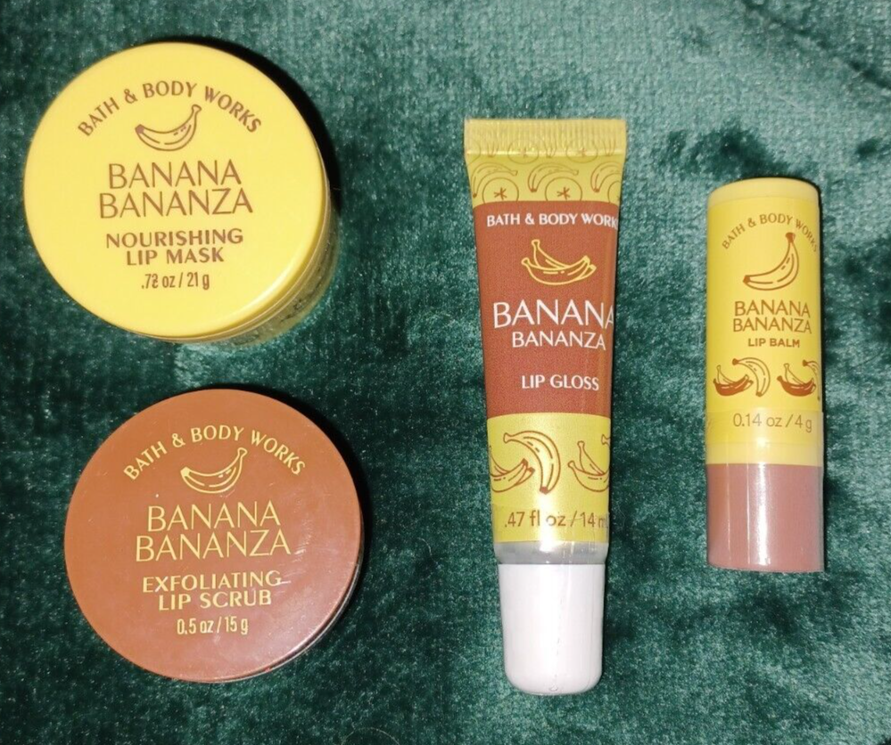🍌 Bath & Body Works Banana Bananza Lip Gloss, Mask, Scrub, Balm Set New 4 Lot