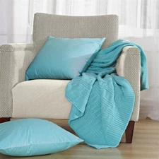 3 Piece Set Super Soft Cable Knit Throw Blanket with 2 Pillow Covers Blue Brooke