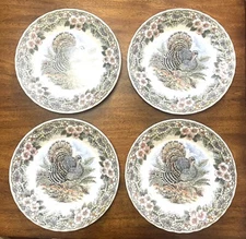 Queens Myott Factory Thanksgiving (4) Dinner Plates Set Turkey 10" Churchill EUC