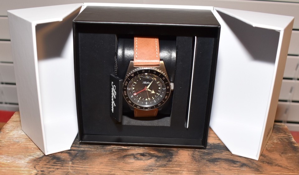 SELECTRON GMT Space Mens Watch Brown Leather Strap NEW in Box | eBay