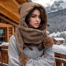 Women's Thermal Knit Hat  Scarf Set   Pom Beanie  Hood for Extreme Cold