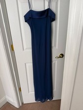 Formal evening gown and prom gown. Dark blue, boat neck spaghetti straps