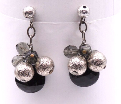 Vintage Screw Back/Clip On EARRINGS ACCESSOCRAFT Silver Tone Black Dangle BALLS