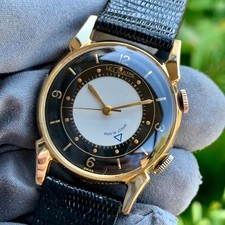 LeCoultre Wrist Alarm Memovox Tuxedo Dial 10K Gold Filled Watch -Pristine w/ Box