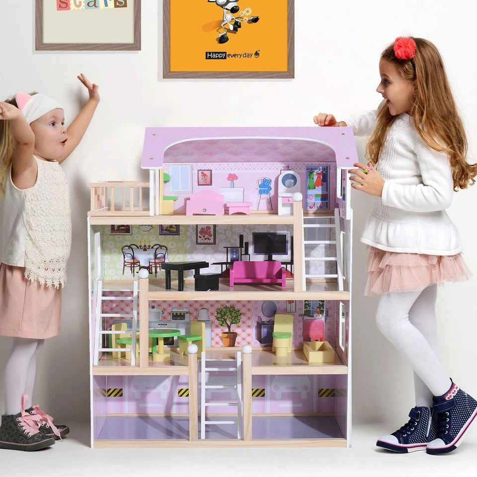 HOMCOM Casa delle Bambole in Legno 4 Piani con 13 Accessori per Bambini 3+ Anni - Immagine 3 di 4
