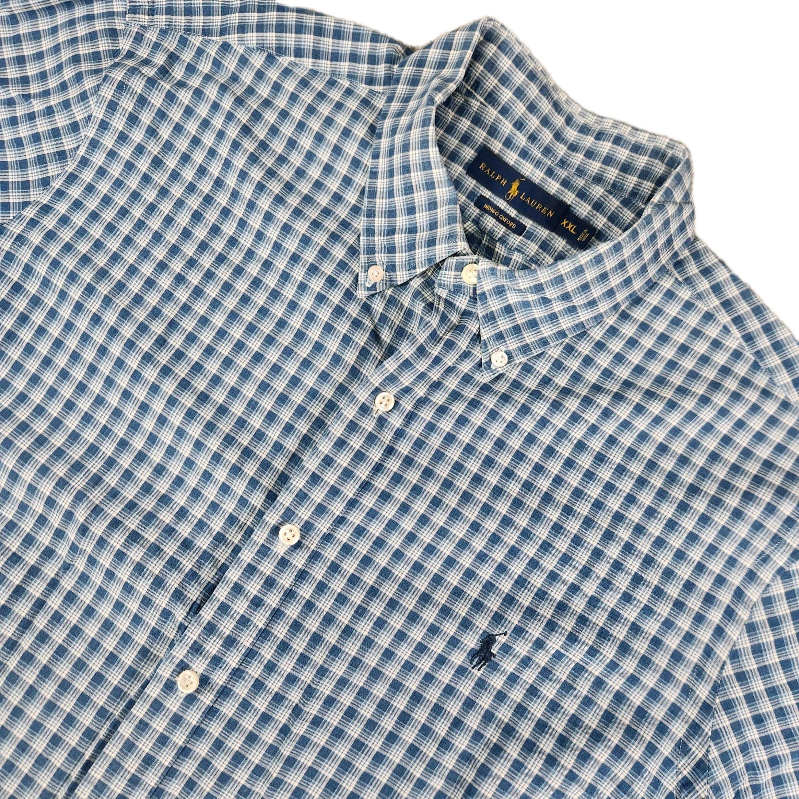 Ralph Lauren Shirt Mens 2XL XXL Blue Button Up Short Sleeve Indigo Oxford Plaid
