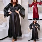 Luxuriöser langer Damen Kimono Morgenmantel aus Satin für Nachthemd und Nachtw