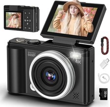4K 64MP Black Digital Camera 32gGB TF Card, 180° Flip Screen Autofocus