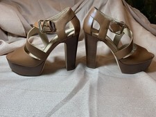 MICHAEL KORS HEELS, TAN LEATHER Platform Heel Sandal - size 35.5, US 5