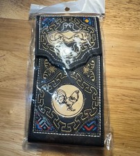 Embroidered Rooster Belt Loop Phone Pouch Genuine Leather Universal Black Gold